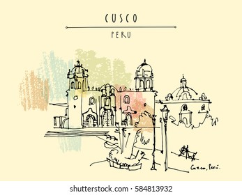 Plaza de Armas in Cusco, Peru, South America. The Cathedral. Old town center. Inca capital and Spanish city in Andes mountains. Vintage artistic handdrawn postcard, poster, book illustration in vector