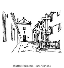 Plaza de Capuchinos in Cordova or Córdoba, Spain. Historical urban view. Hand drawn linear doodle rough sketch. Black ink silhouette on white background. Cristo de los Faroles. Christ of the lanterns.