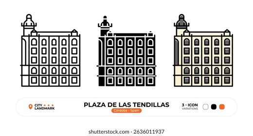 Plaza de las Tendillas Line Icon, Cordoba, Spain Landmark, Silhouette, Color Vector, Editable Stroke.
