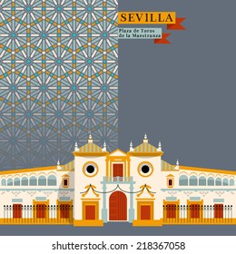 Plaza de Toros de la Maestranza. Sights of Seville. Andalusia, Spain, Europe. Vector illustration