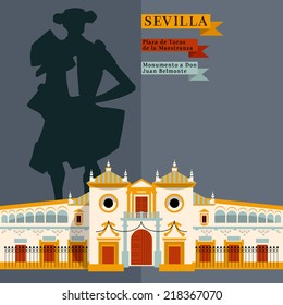 Plaza de Toros de la Maestranza. Monumento a Don Juan Belmonte. Sights of Seville. Andalusia, Spain, Europe. Vector illustration