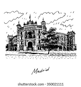 Plaza de Toros de Las Ventas, Madrid, Spain. Drawn pencil sketch. Vector file