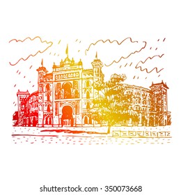 Plaza de Toros de Las Ventas, Madrid, Spain. Drawn pencil sketch. Vector file