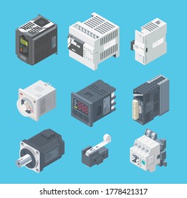 PLC basic set, expansion, factory robot, programmable, equipment, factory control,  isometric, development