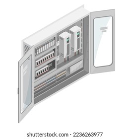 PLC-Controller-Maschinensystem-Box-Wartung programmierbare Logik-Controller in Fabrik und Produktionslinie isometrisch einzeln