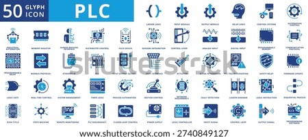 PLC icon set flat containing ladder logic, input module, output module, relay logic, control systems, automation control, industrial automation, programmable relay, logic gate, scan cycle, memory