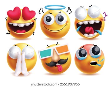 Conjunto de personajes de Vector de emoji suplicantes. Personaje de arte de Clip de emojis como ángel y adulto con Elementos de íconos amarillos enamorados, amables, cantando, babeando, rogando, cansados y tosiendo expresiones faciales. Vector 