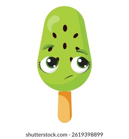 Pleading kiwi flavored green ice cream character Begging fruit dessert illustration Funny summer snack graphic with hopeful eyes Adorable green treat with raised eyebrows