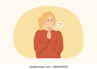 Pleading young woman holding hands folded in prayer concept for banner, poster, website, etc.