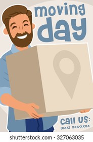 pleasant bearded man holding a cardboard box moving day poster
