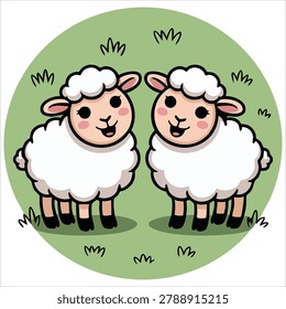 Pleasant decorative graphic of two sheep stylized two sheep fresh green meadow looking each other isolated on a clear white surface area