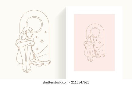 Pleasant esoteric woman in antique dress sitting hugging legs admiring stars abstract frame mlinimalist icon card vector illustration. Pensive dreaming mythic feminine simple line art logo isolated