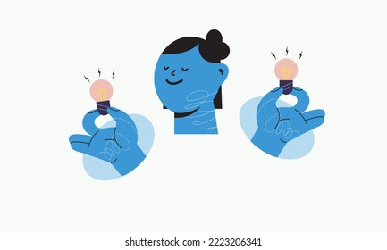 Pleasant expression, light bulb on both hands icon. Symbols of thinking, finding insights and new solutions with light bulbs, electric lamps. An endless stream of ideas and creativity.