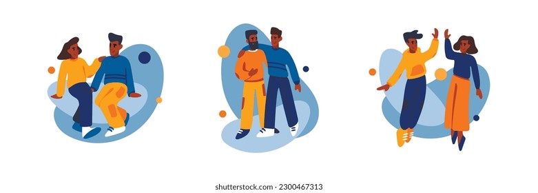 Pleasant leisure. Set of images about friendship, relationships. Have fun and go for walk together. Meeting with friend. Colored male and female characters in flat style