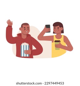 Pleasant leisure time, meeting friends. Friends have fun together. Guy is holding popcorn, girl is talking on phone. Video call to loved ones. Color vector illustration with characters