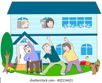 The pleasant life in old man facilities. Elderly people exercise for health.