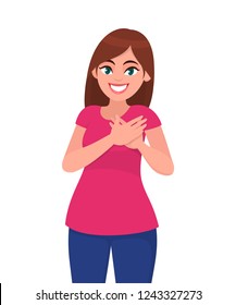 Pleasant looking kind hearted young woman keeps hands on chest, expresses gratitude, being thankful for help and support, showing her heart filled with love. Emotion concept illustration in vector.