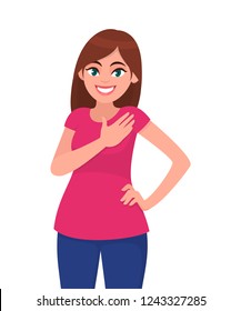 Pleasant looking kind hearted young woman keeps hand on chest, expresses gratitude, being thankful for help and support, showing her heart filled with love. Emotion concept illustration in vector.