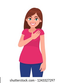 Pleasant looking kind hearted young woman keeps hand on chest, expresses gratitude, being thankful for help and support, showing her heart filled with love. Emotion concept illustration in vector.