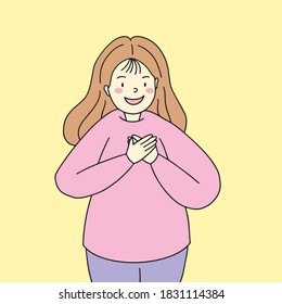 Pleasant looking kind hearted young woman keeps hands on chest, expresses gratitude, being thankful for help and support, showing her heart filled with love. Emotion concept illustration in vector.