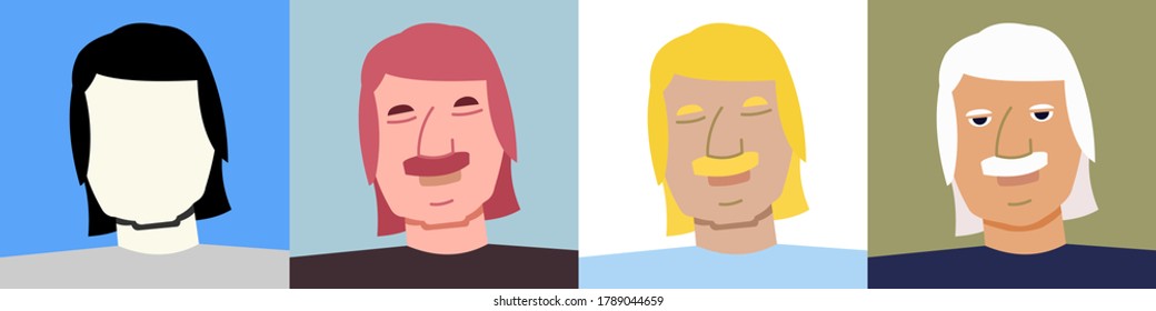 Un hombre agradable enfrenta el bigote. Envase y silueta de colores. Avatar. Ilustración plana vectorial.