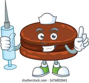 A pleasant nurse of chocolate alfajor mascot design style using syringe