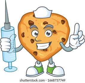 A pleasant nurse of chocolate chips love mascot design style using syringe