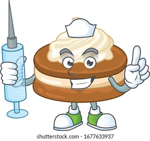 A pleasant nurse of white cream alfajor mascot design style using syringe