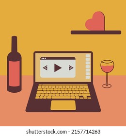 Pleasant pastime, day off, Friday, Saturday, weekend. Relax with a laptop, music, bottle of wine. Workplace, working desk, workspace, study place. Point of view on Laptop screen. Vector illustration