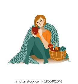 Pleasant pastime. Woman drinks tea knits. Hobby.