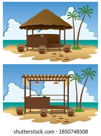 Pleasant pergola gazebo pavilion to relax and enjoy the tropical beach landscape. Vector illustration.