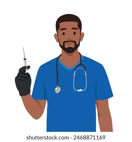 Agradable hombre sonriente doctor en mascarilla médica y guantes sostienen jeringa con vacuna. Ilustración vectorial plana aislada sobre fondo blanco