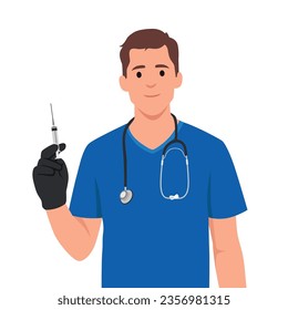 Agradable hombre sonriente doctor, médico con mascarilla médica y guantes sostienen jeringa con vacuna. Ilustración vectorial plana aislada en fondo blanco