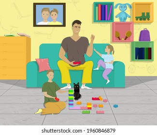 it is pleasant to spend the day with his family, the father communicates and plays with his children, tries to give everyone maximum attention, listen to music with his daughter, build towers with his