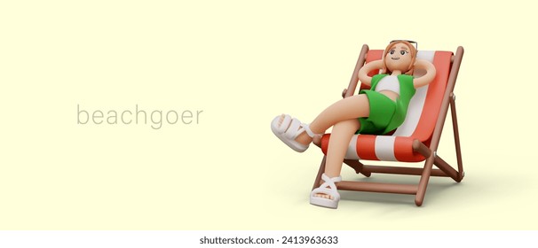 Pleasant summer vacation outside. Woman sits in deck chair with her legs crossed. 3D recreation in cartoon style. Illustration for travel agency, beach furniture store
