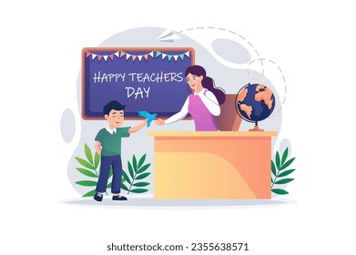 Pleasant surprise concept with people scene in the flat cartoon design. The student presented the teacher with a paper dove that he had made himself. Vector illustration.