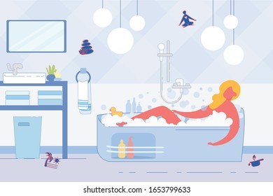 Pleasant to Take Relaxing Bath with Air Foam. Girl in Bathroom Lie in Hot Water and Resting from Everyday Worries. Convenient Mirror Hang above Sink, and under it on Shelf Towels and Basket.