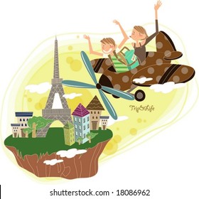 Pleasant Travel to Worldwide - a beautiful woman and a joyful man enjoy with world famous building on happy holiday on white background with wave frame and yellow circle patterns : vector illustration