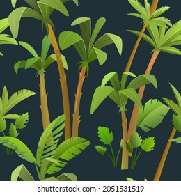 Pleasant tropical background with jungle leaves. Thickets with palms in cartoon style. Seamless jungle pattern. Landscape with rainforest vector