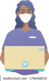 Pleasant young girl in a purple t-shirt in a mask and gloves hands over a box with delivery. Order food at home. Isolated against white background, violet blue design