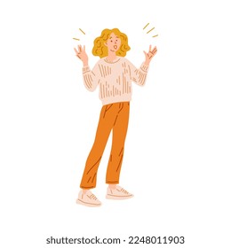 Pleasantly surprised astonished young woman throws up her hands in sign of pleasant amazement and surprise, flat cartoon vector illustration isolated on white background.