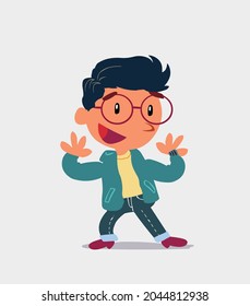 Pleasantly surprised cartoon character of  little boy on jeans