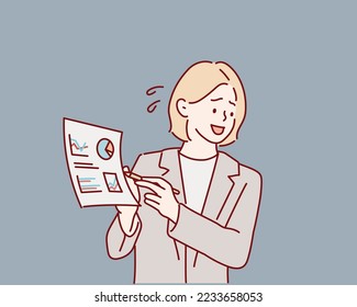  pleasantly surprised woman, holding opened folder in hands, not believing in what she saw. Hand drawn style vector design illustrations.