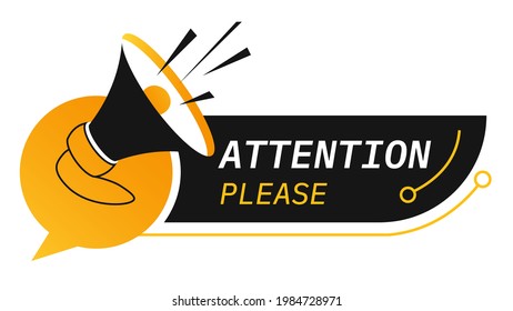 Please attention, isolated banner caution and precaution. Sign with megaphone speaker, beware and be careful or attentive. Informative sticker, announcement or advertisement. Vector in flat style