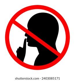 Please be calm and calm icon with prohibition circle. Shhh gesture icon with black face and hands. Finger covering mouth on white background. Vector silhouette.