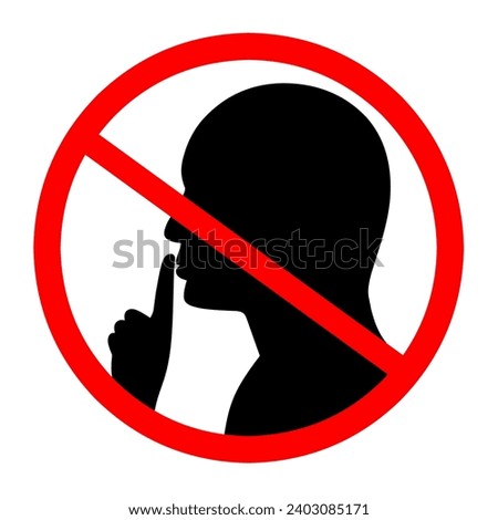 Please be calm and calm icon with prohibition circle. Shhh gesture icon with black face and hands. Finger covering mouth on white background. Vector silhouette.
