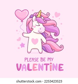 Por favor, sé mi tarjeta de San Valentín con el lindo Unicornio Rosa. Tarjeta de felicitación o invitación al estilo de dibujos animados. Tarjeta de San Valentín con el corazón en brazos de unicornio. Ilustración vectorial de formato cuadrado