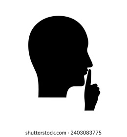 Please be quiet and calm. Shhh gesture icon with black face and hands. Finger covering mouth on white background. Vector silhouette.