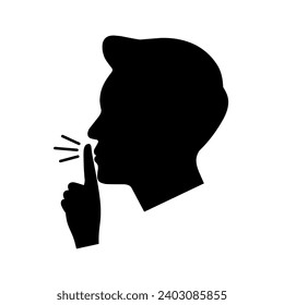 Please be quiet and calm. Shhh gesture icon with man's black face and hands. Finger covering mouth on white background. Vector silhouette.