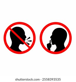 Please be quiet and calm. Shhh sign icon with a black face and a man's hand with a red circle. Finger covering mouth on white background. Vector silhouette.